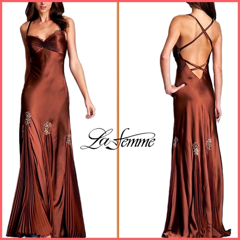 La Femme Copper Brown Satin Evening Gown with Embellished Skirt